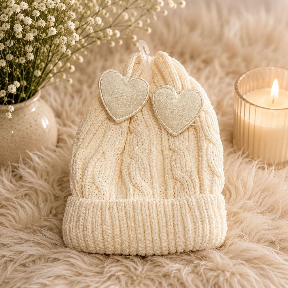 The Children's Place Baby Girl Cream Ivory Cable Knit Beanie Hat Hearts 18-24